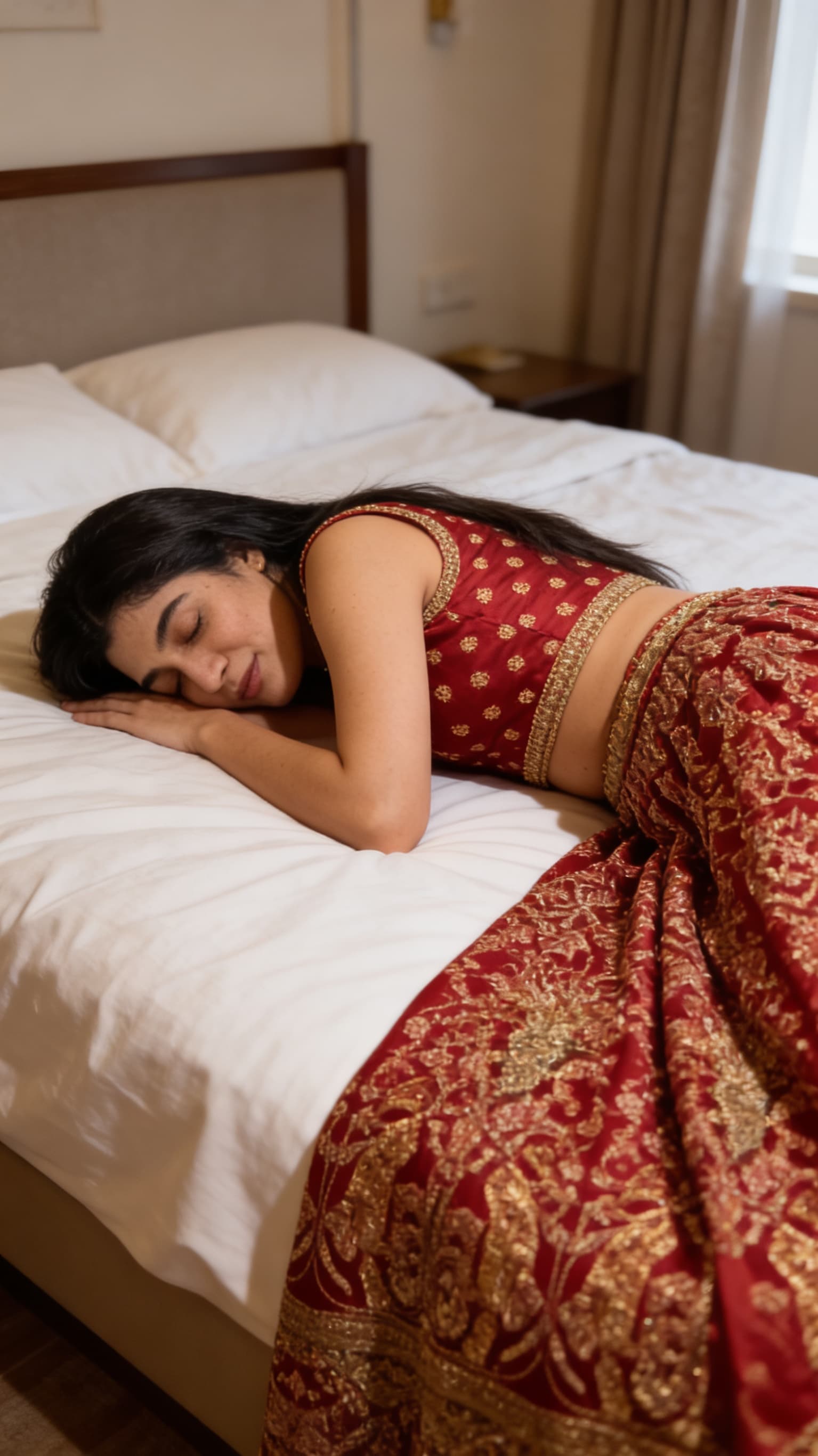 AI generated: Create a High Ultra Realistic picture as this Pakistani actress Laiba Khan is sleeping face down lyi...