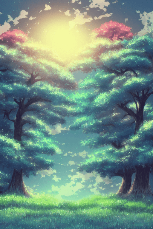 AI generated: anime style landscape twilight sky pastel colors with trees on the back, HD, beautyful, hyper-detail...