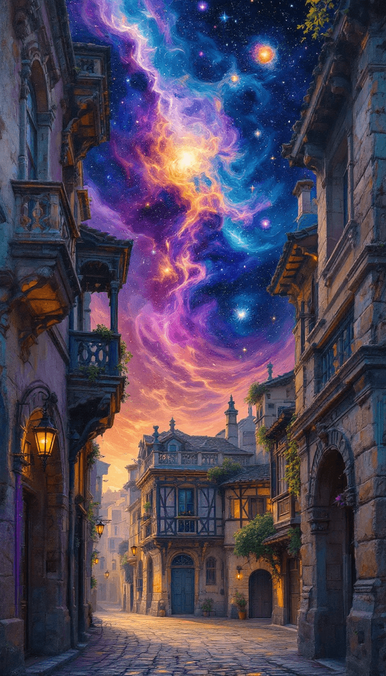 AI generated: [A **highly detailed, layered concept painting** that **combines a Renaissance alley with a cosmic d...