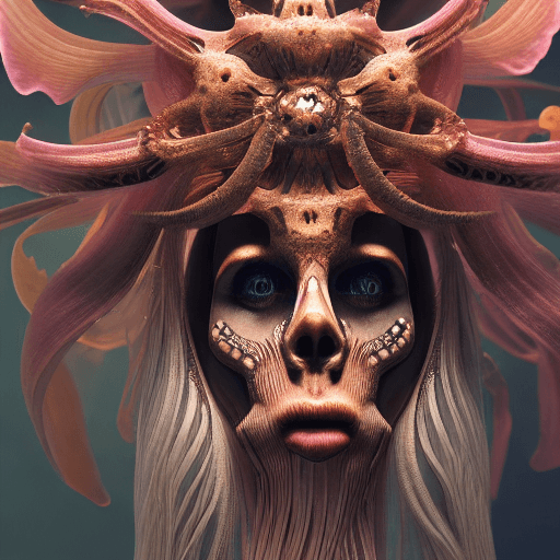 AI generated: Goddess close-up portrait ribcagel. jellyfish phoenix head, nautilus, orchid, skull, betta fish, bio...