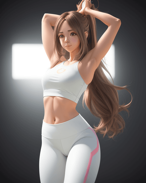 AI generated: girl, happy, hair extensions, shoulder length hair, fading brown hair, best girl hair, white yoga pa...