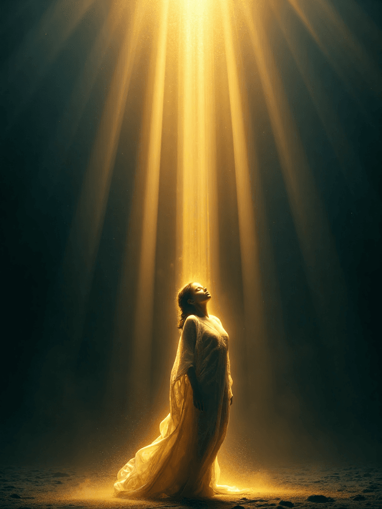 AI generated: Dark fantasy scene, a solitary, living woman stands in the center of an endless void, her presence b...
