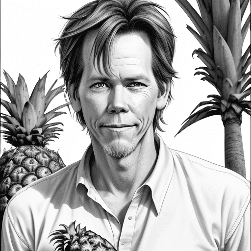 AI generated: Realistic Black and white coloring cartoon drawing 
of Kevin Bacon at the Farmer's Market holding a ...
