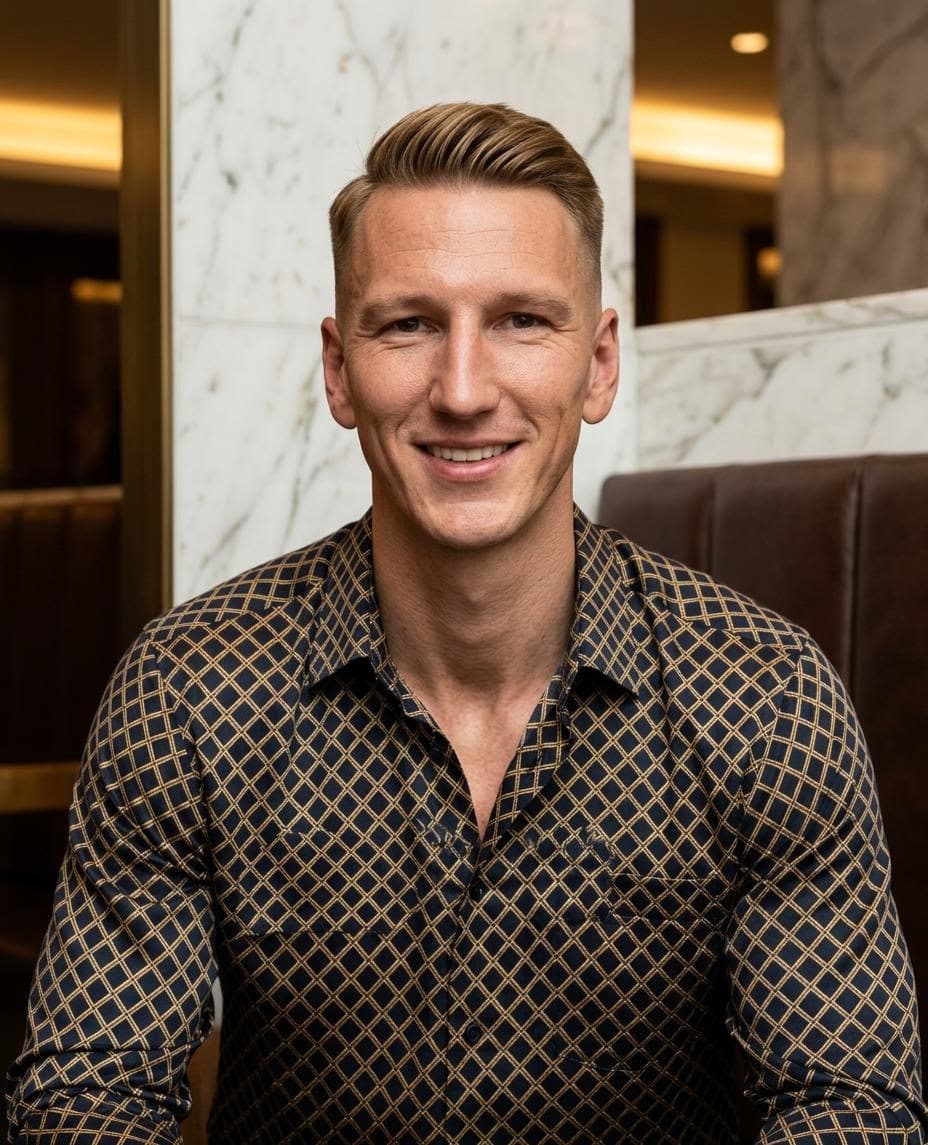 AI generated: Professional portrait of a 33-year-old white German man, golden dark/ blonde fade cut, broad shoulde...