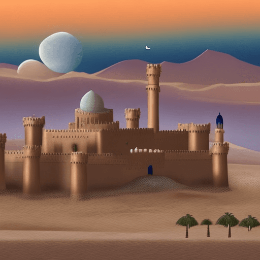 AI generated: A Muslim dynasty castle in the desert with the moon appearing in the sky 