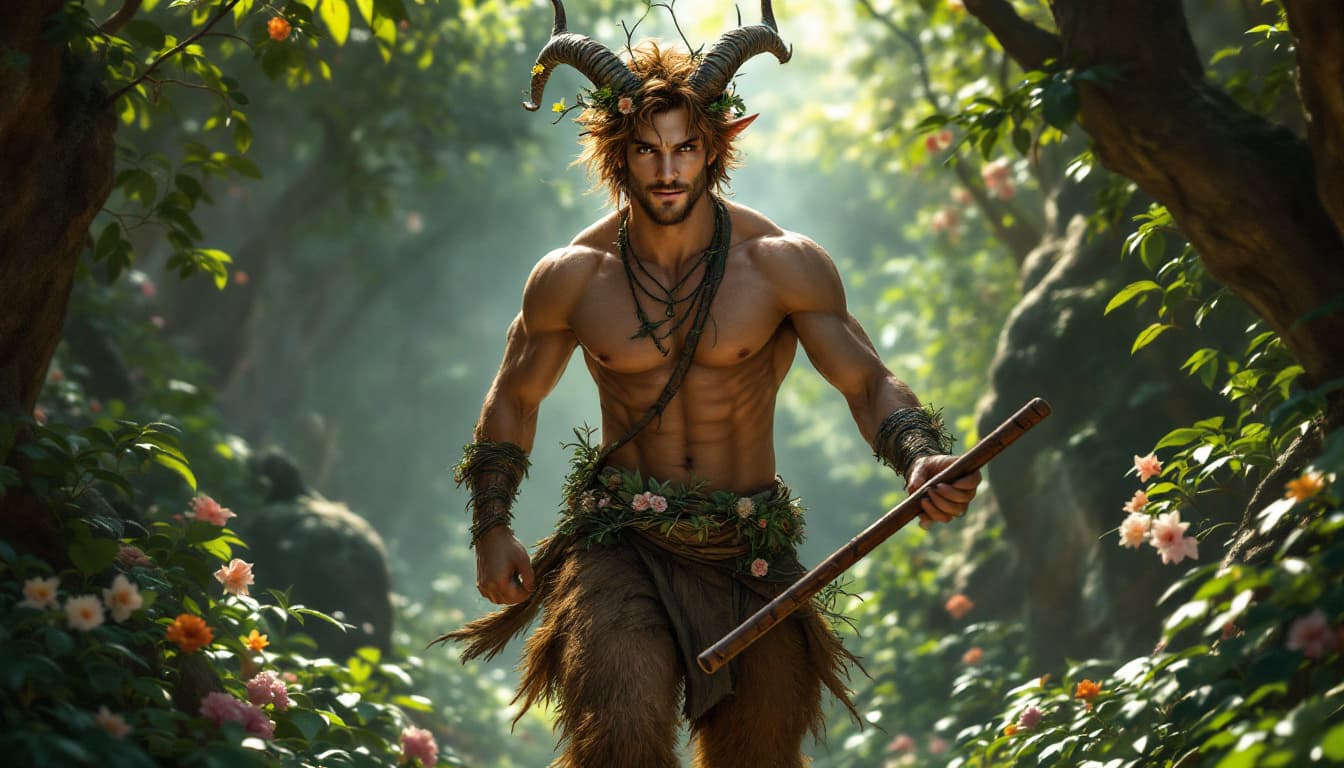 AI generated: Visualize a satyr roaming through an enchanted hidden valley, surrounded by lush jungle and magical ...