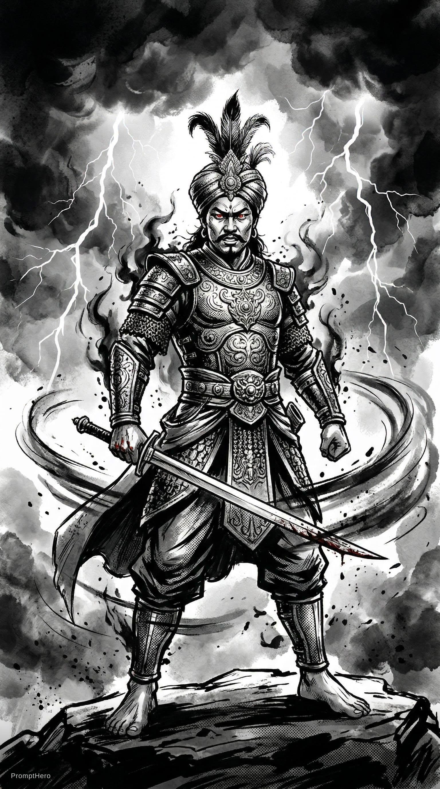 AI generated: Manipuri warrior prince inspired by Tikendrajit, traditional royal armor of Manipur, standing in pow...
