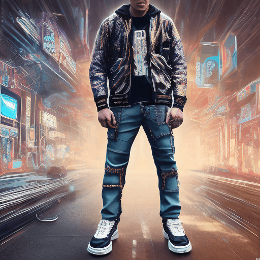 AI generated: king of dogs, fashion casual dog, sneakers, sunglasses, jeans pants, futuristic background, full fig...