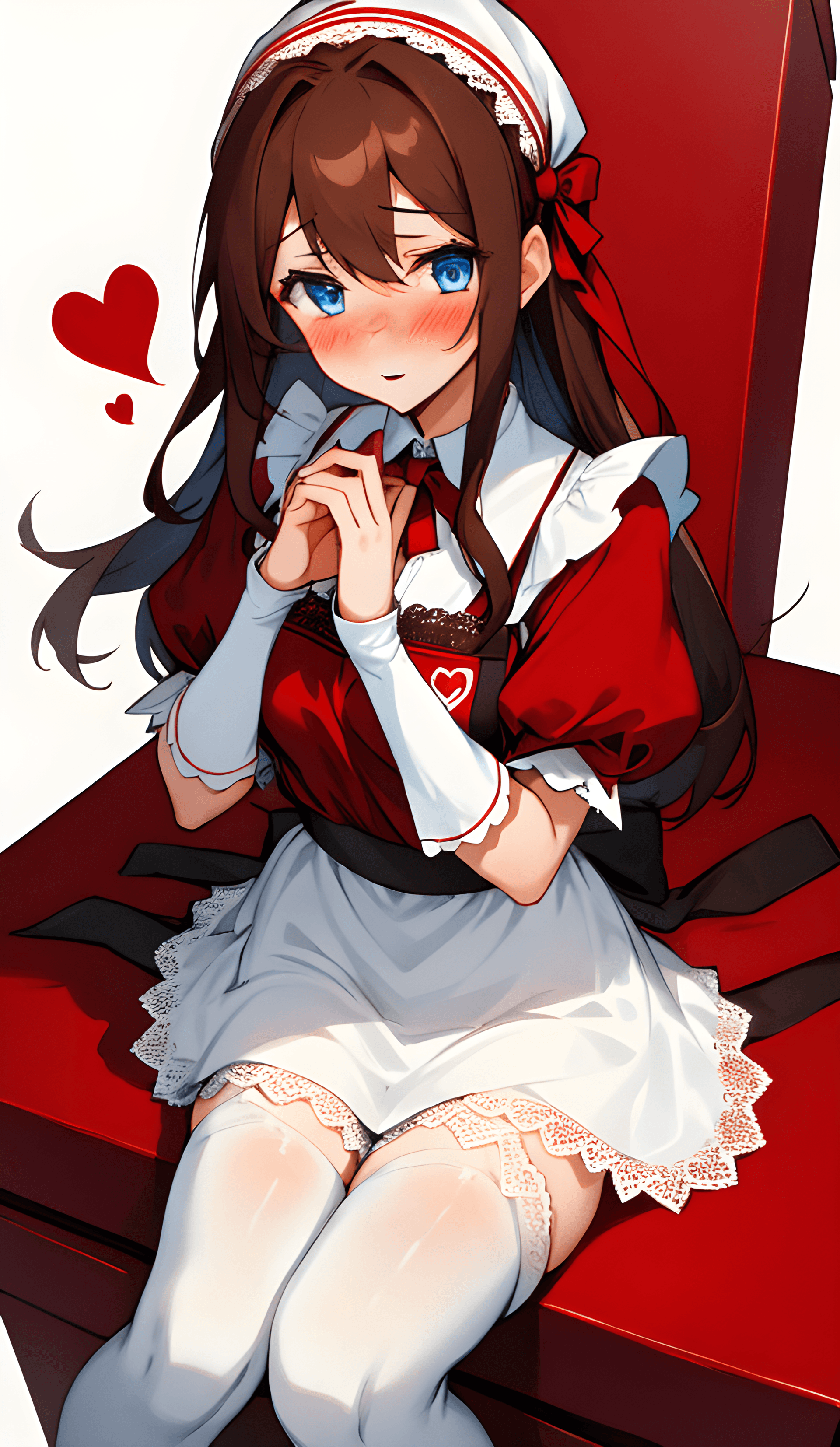 AI generated: Girl with brown hair and blue eyes, holding with both hands a box of chocolates in the shape of a he...