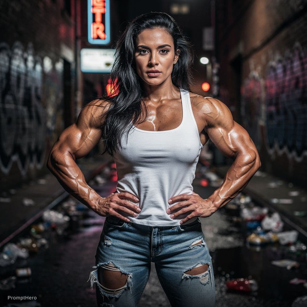 AI generated: Hyperrealistic art sharp focus, detailed edges, beautiful woman face, A perfect photo of a muscular ...