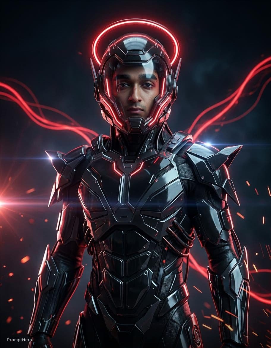 AI generated:  futuristic cyborg boy featuring a captivating reflective cybernetic helmet adorned with glowing tri...