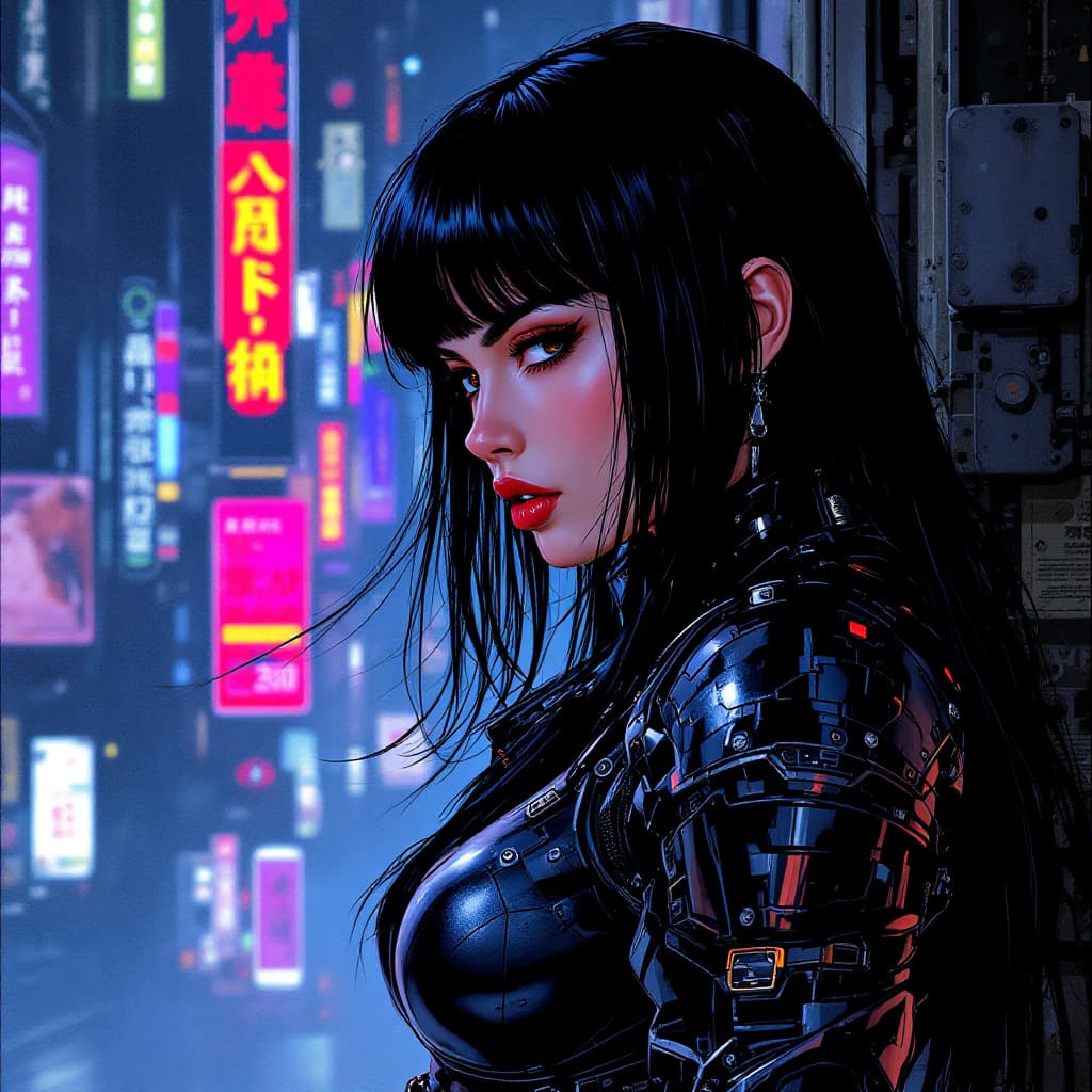 AI generated: A full body shot, side view, beautiful European woman with black hair and bangs, in the style of Mas...