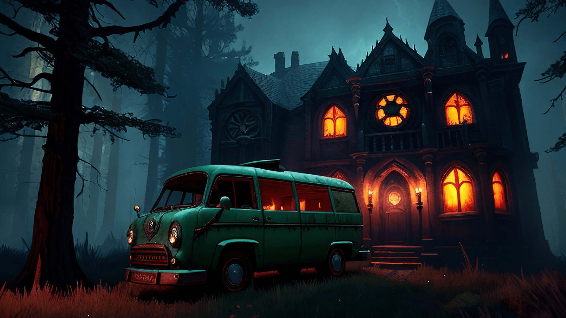 AI generated: the mystery machine (scooby doo), in the style of diablo, dark horror atmosphere, unreal engine, oct...