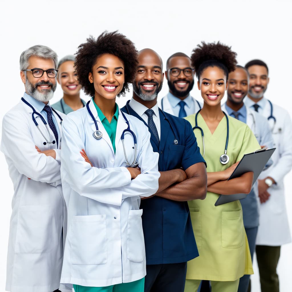 AI generated: A group of diverse medical professionals, likely doctors and nurses, standing in a row against a pur...