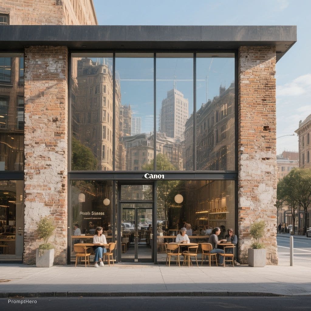 AI generated: Design a modern and minimalist cafe facade, focusing on the juxtaposition of weathered bricks and ex...