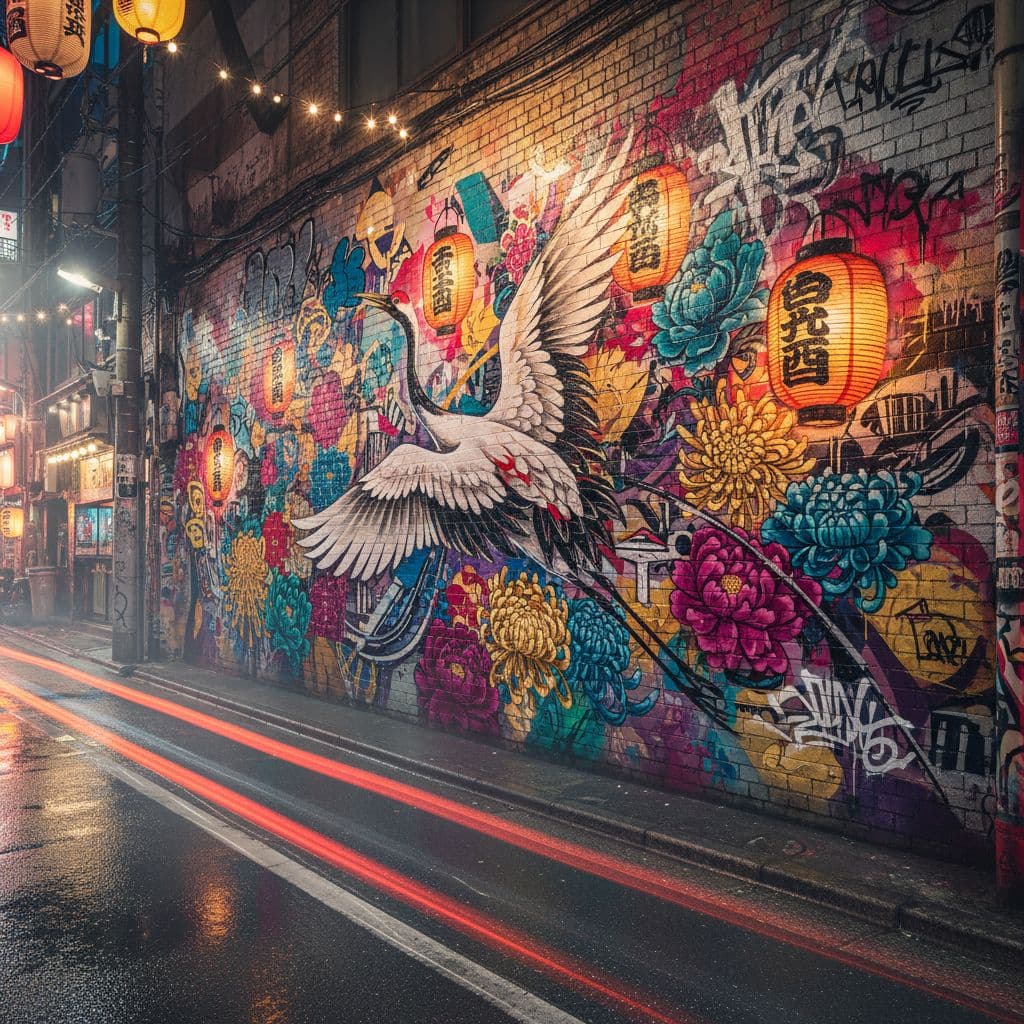 AI generated:  well-lit street scene mural with a japanese crane painting and colorful flowers and lanterns  light...