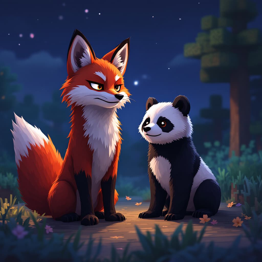 AI generated: a minecraft world with all minecraft animals, fox and panda, minecraft trees, nightsky in the backgr...