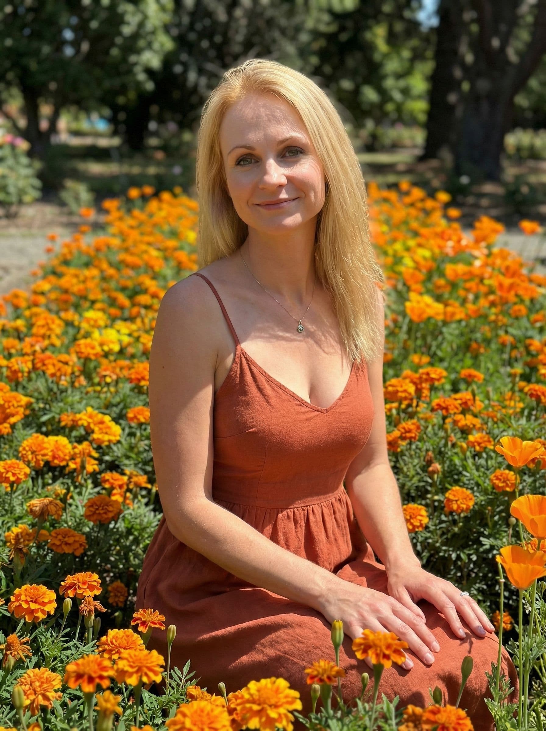 AI generated: beautiful fashion model with orange dress, and sitting on orange flowerbed, outside in the mid day s...