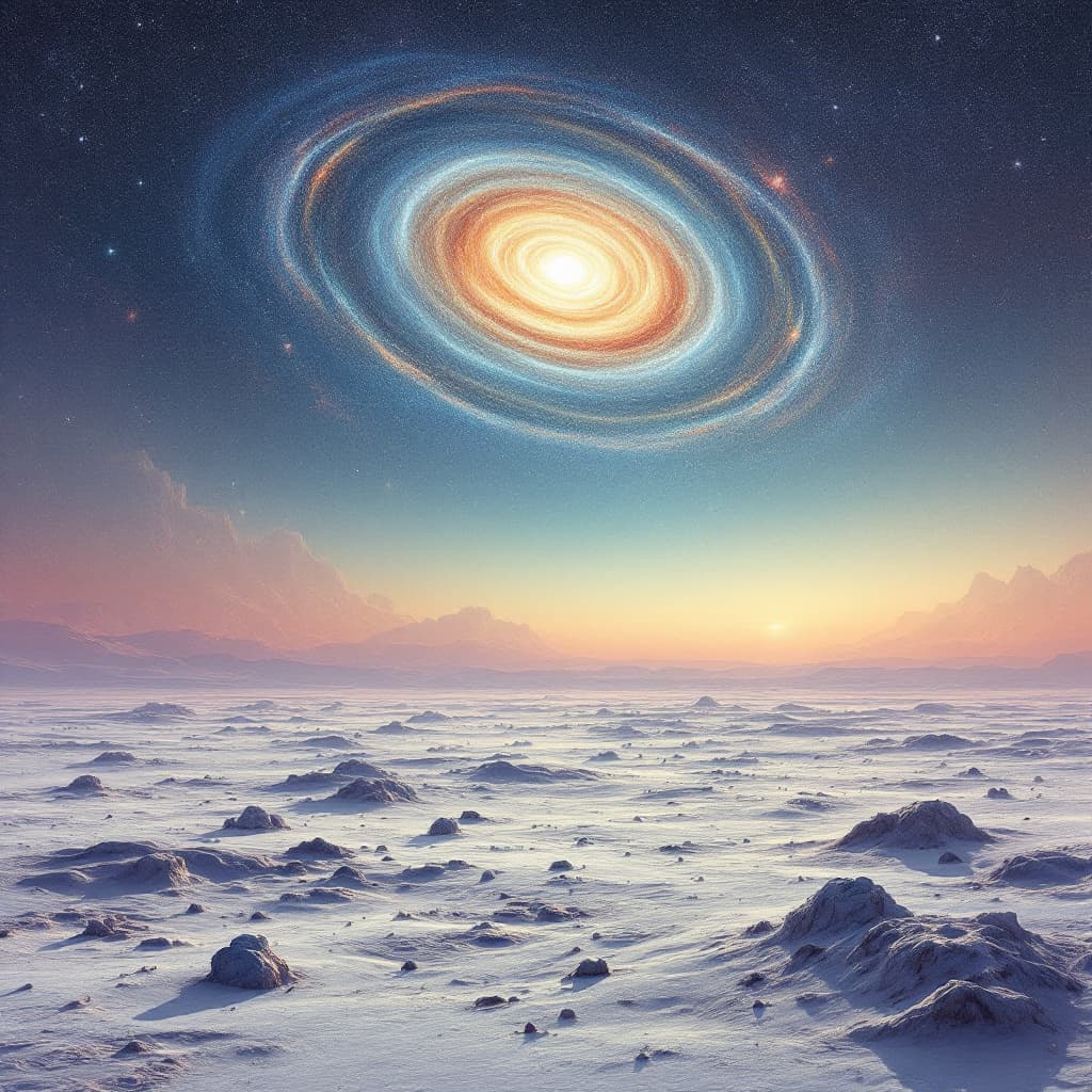 AI generated: A galaxy spirals in the sky over an empty lunar surface, illustrated in the style of John Harris. --...