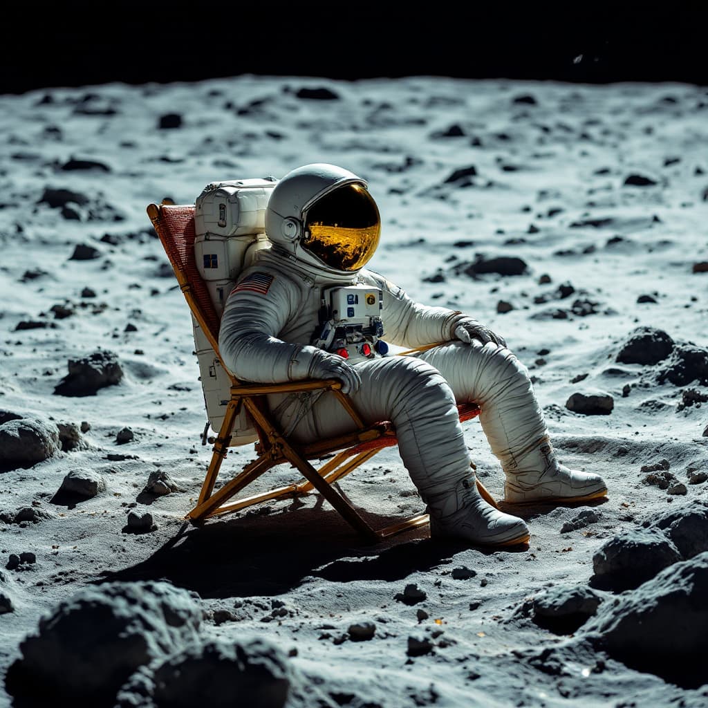 AI generated: Un astronauta sentado en una silla de playa, en la luna. 