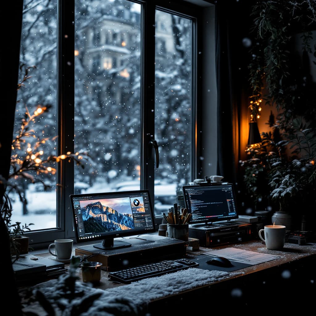 AI generated: a dark room in paris for a programmer and the room full of bmw's images and has a hot drink in the n...