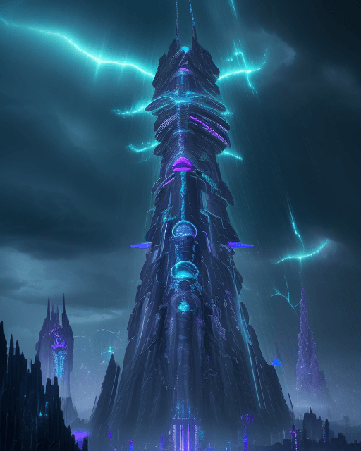 AI generated: Futuristic ancient magic city of storms, a towering metropolis bathed in vibrant lightning, where ob...