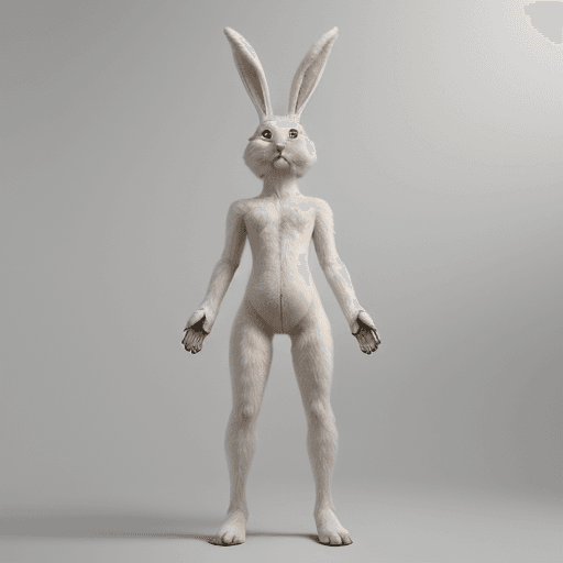 AI generated: High quality graphic image, realistic details. A 2 meter tall humanoid rabbit with white fur with bi...