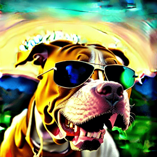 AI generated: cute dog, Pitbull, a cap at head, wearing sun glasses, sunset at background, high detail, lively pho...