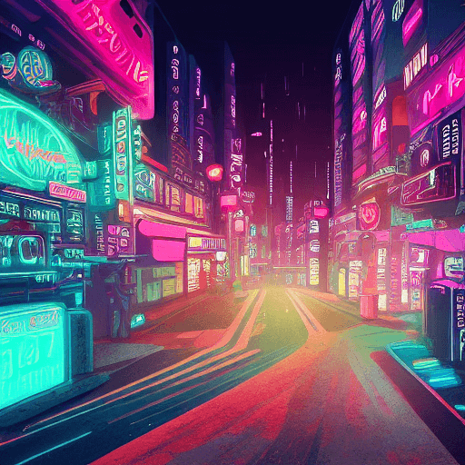 AI generated: a view of a city street with neon lights and neon signs, cinematic neon matte painting, dreamy color...