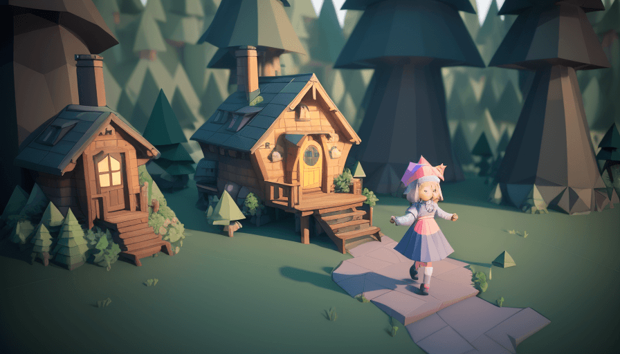 AI generated: A cute little girl walking past a cute cozy interesting majestic low poly wizard's hut with chimney ...