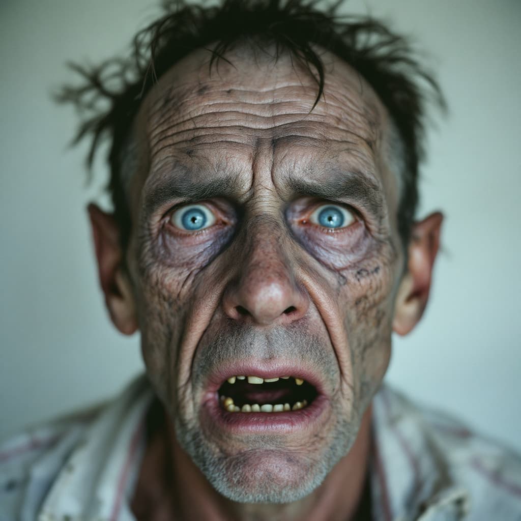 AI generated: the face of fear, depression and abandonment; 50 year old man; the eyes are impossibly blue, buried ...