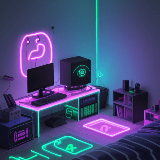 AI generated: A gamer’s room with neon lightings, 32 bit isometric
