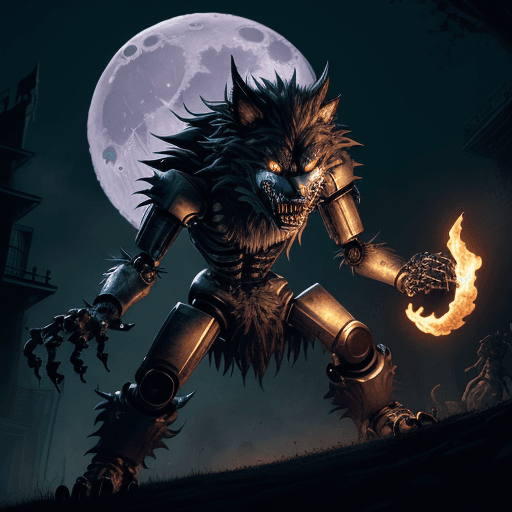 AI generated: image of a mad, highly intricate robot werewolf with long, sharp teeth howling at a full moon as peo...