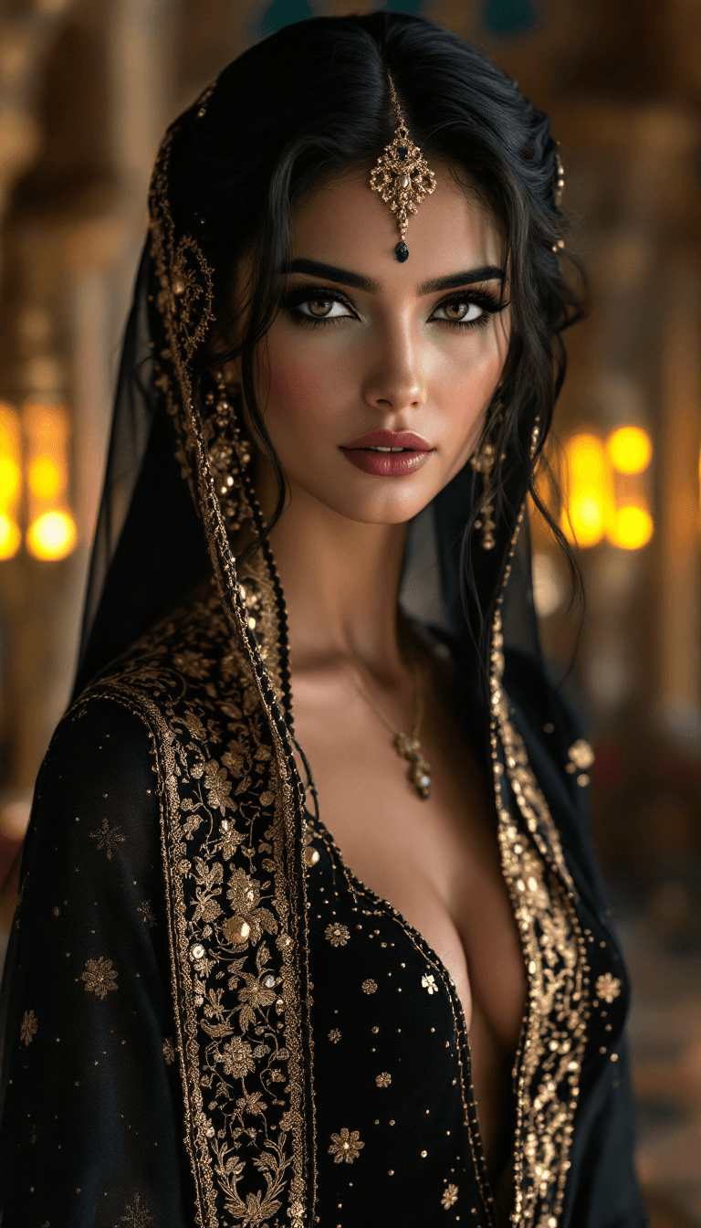 AI generated: /imagine prompt: An incredibly beautiful Arabian woman with striking black eyes and long dark hair, ...