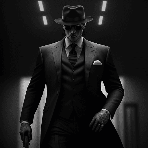 AI generated: Gangster boss, suit, gun, hat, dark, noir, intricate design and details, dramatic lighting, hyperrea...