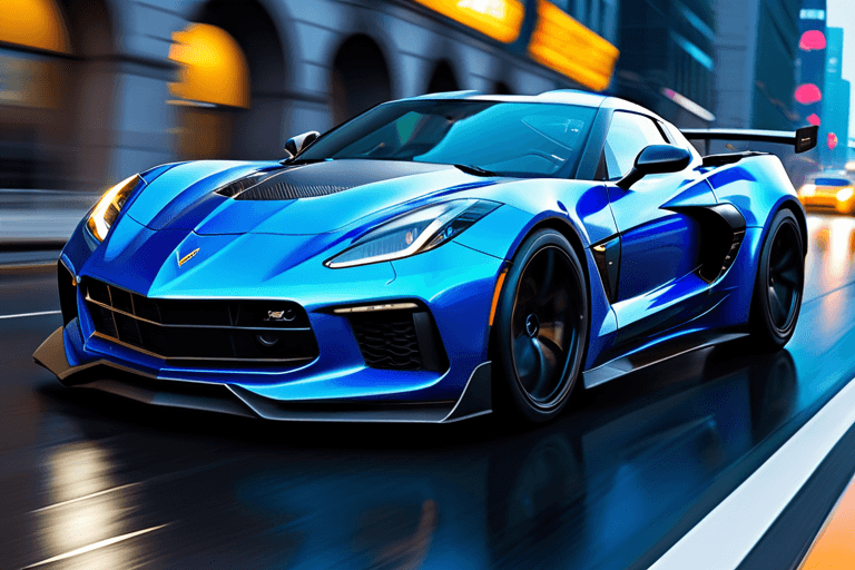 AI generated: sport car, shimmery metallic blue job paint, aggressive look, tuned, Ferrari and corvette mix, full ...