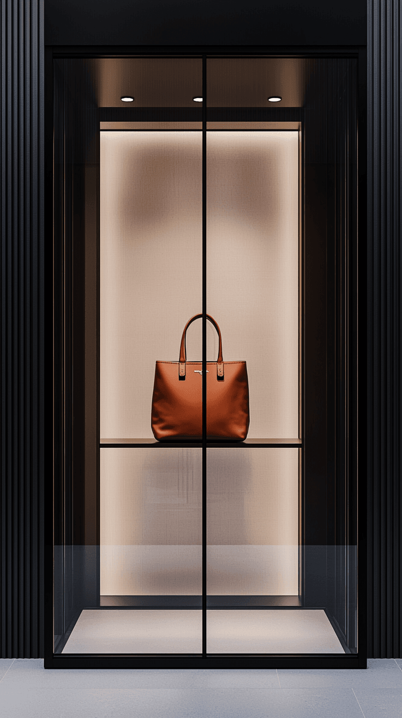 AI generated: high resolution photography, front view, facade show window with bold black frame, glass behind luxu...