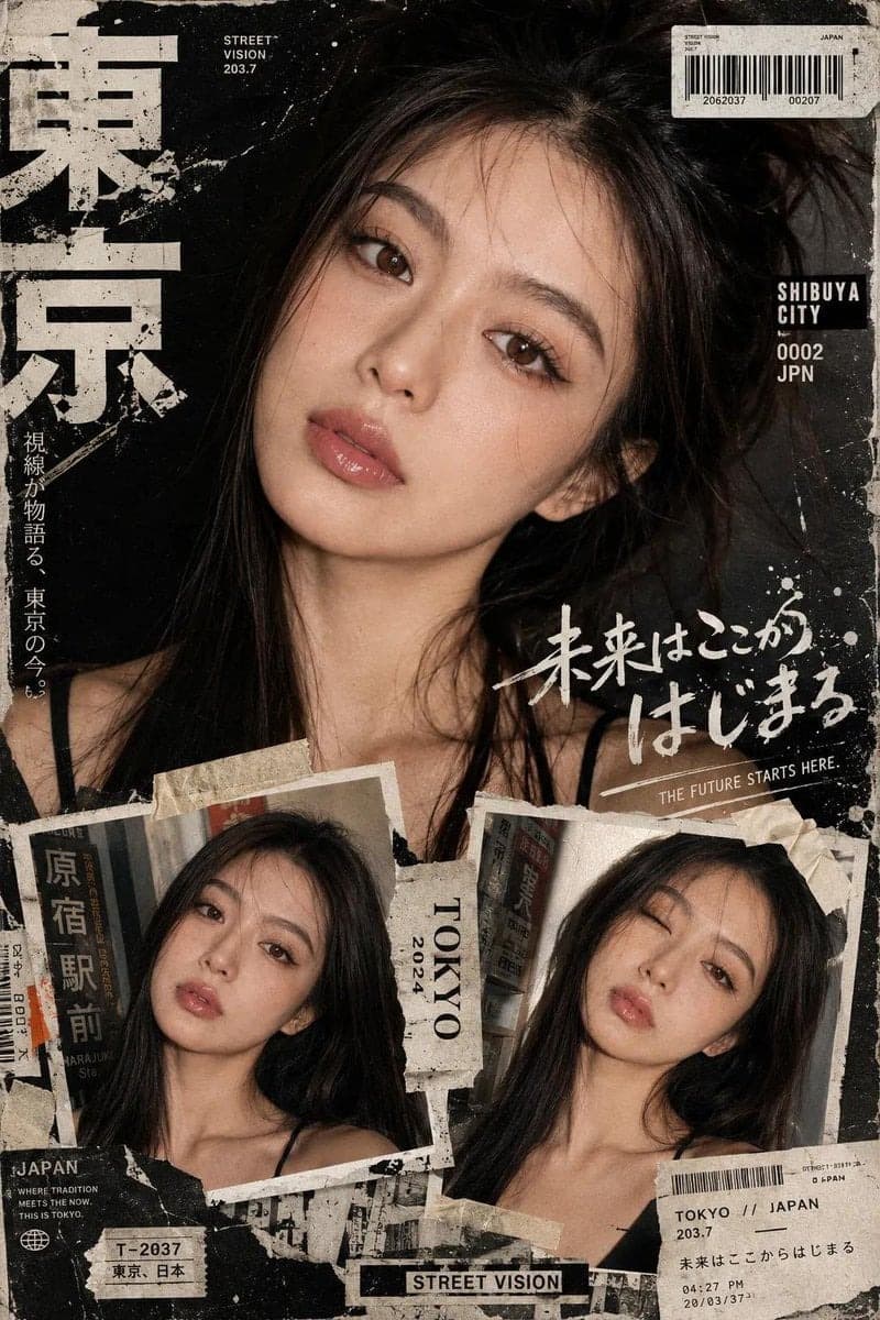 AI generated: Create a bold Y2K Japanese street-editorial collage poster with a clean high-fashion magazine aesthe...