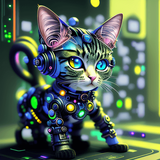 AI generated: cute cat futuristic, cyberpunk, 3d, intricate details, hdr
