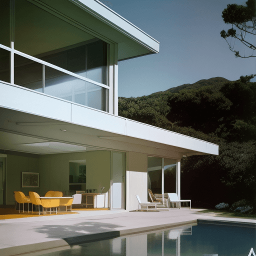 AI generated: Hyper realistic eye level exterior photo of a mid century modern style house overlooking the ocean, ...