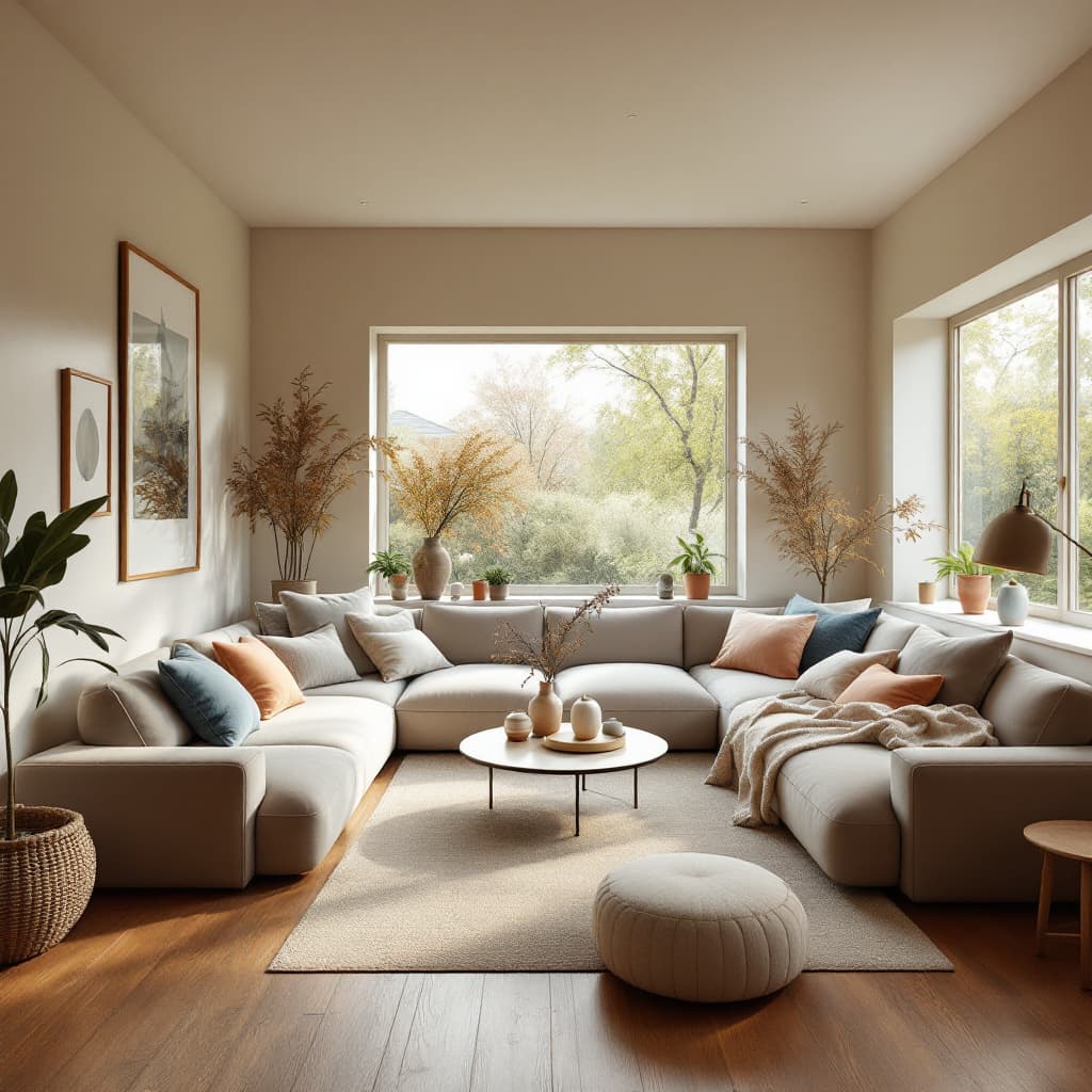 AI generated: High resolution photography interior design, dreamy sunken living room conversation pit, wooden floo...
