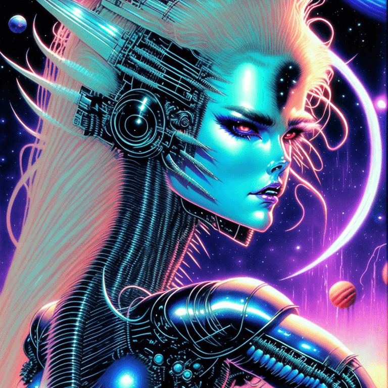 AI generated: a perfect Beautiful Amazing!! Masterpiece!! android female retrowave synthwave cyborg, space age, lo...