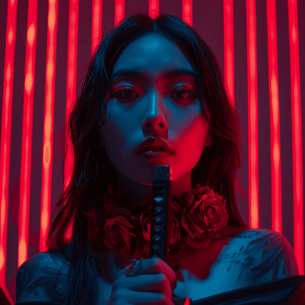 AI generated: Asian girl looks half-front, long hair, neon red light, detailed red roses wrap around neck, she hol...