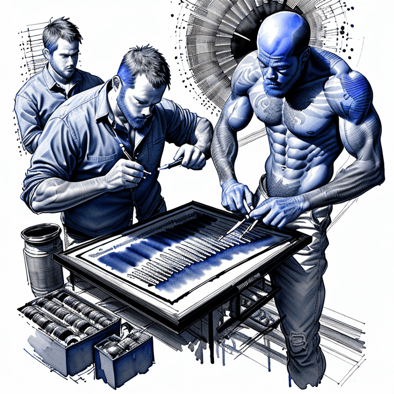 AI generated: Ball point pen Ink drawing of two men working on a truck engine, blue indigo pen, captured in dynami...