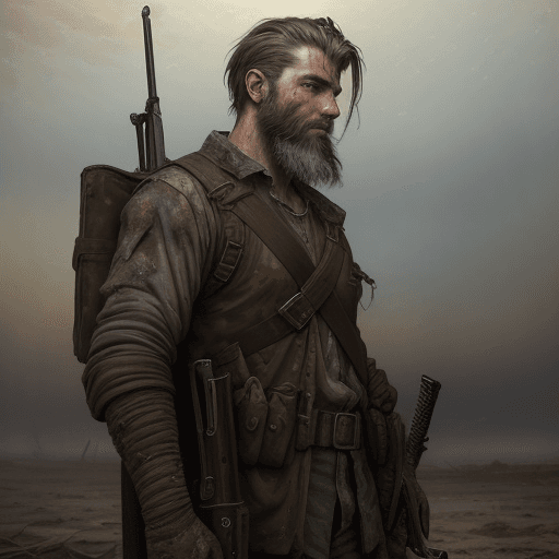AI generated: Oil painting rendered in an impressionistic style, focusing on a male traveler in a post-apocalyptic...