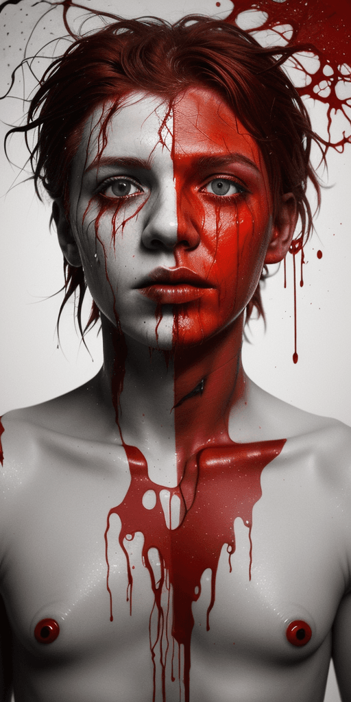 AI generated: A half body portrait of a battered and torn peter pan made of blood, half body is submerged in blood...