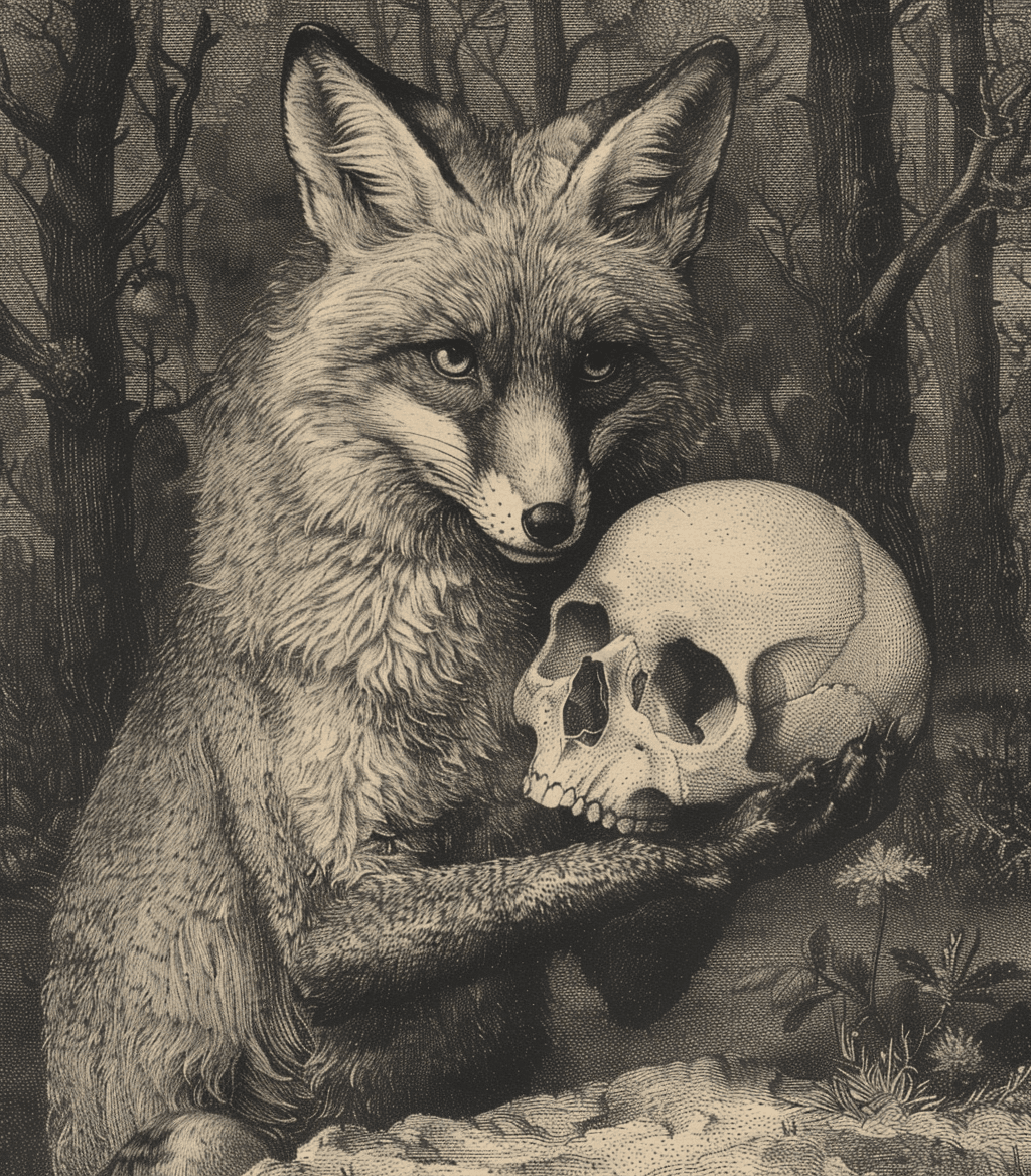 AI generated: A fox holding a human skull, an engraving from the 4th century AD, in the style of William Jonscher ...