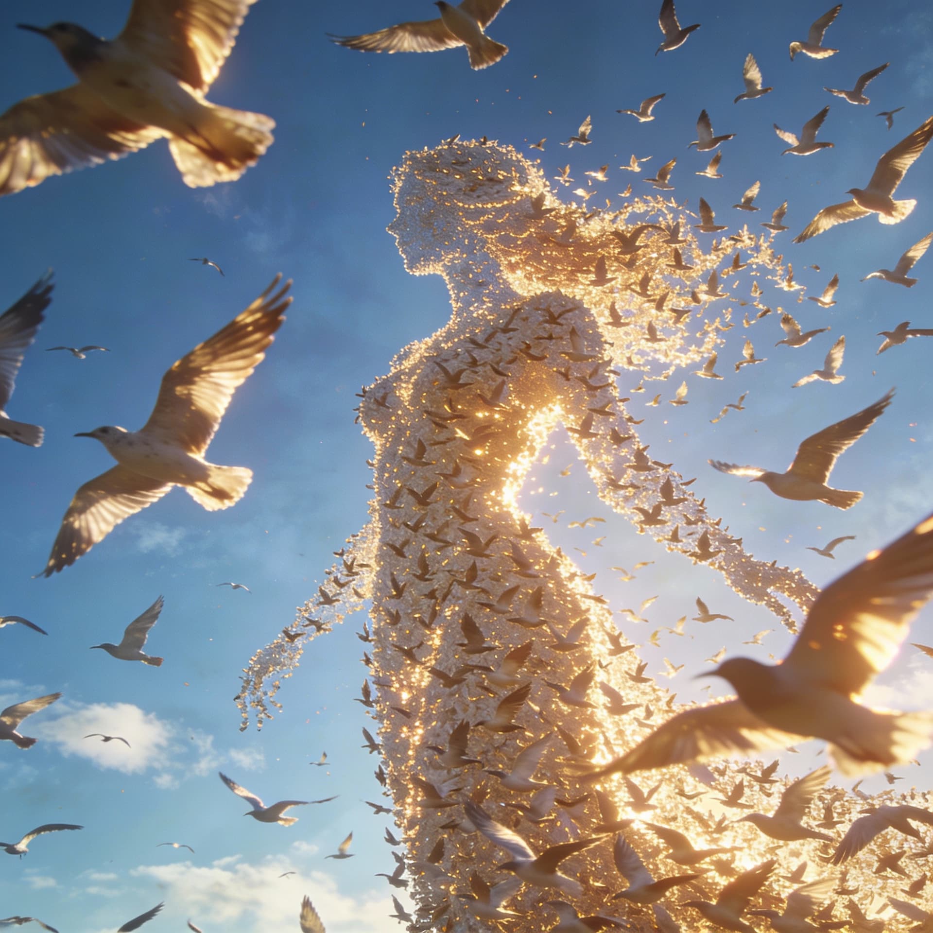 AI generated: In the sky, thousands of birds fly together in perfect harmony, forming the shape of a giant, elegan...