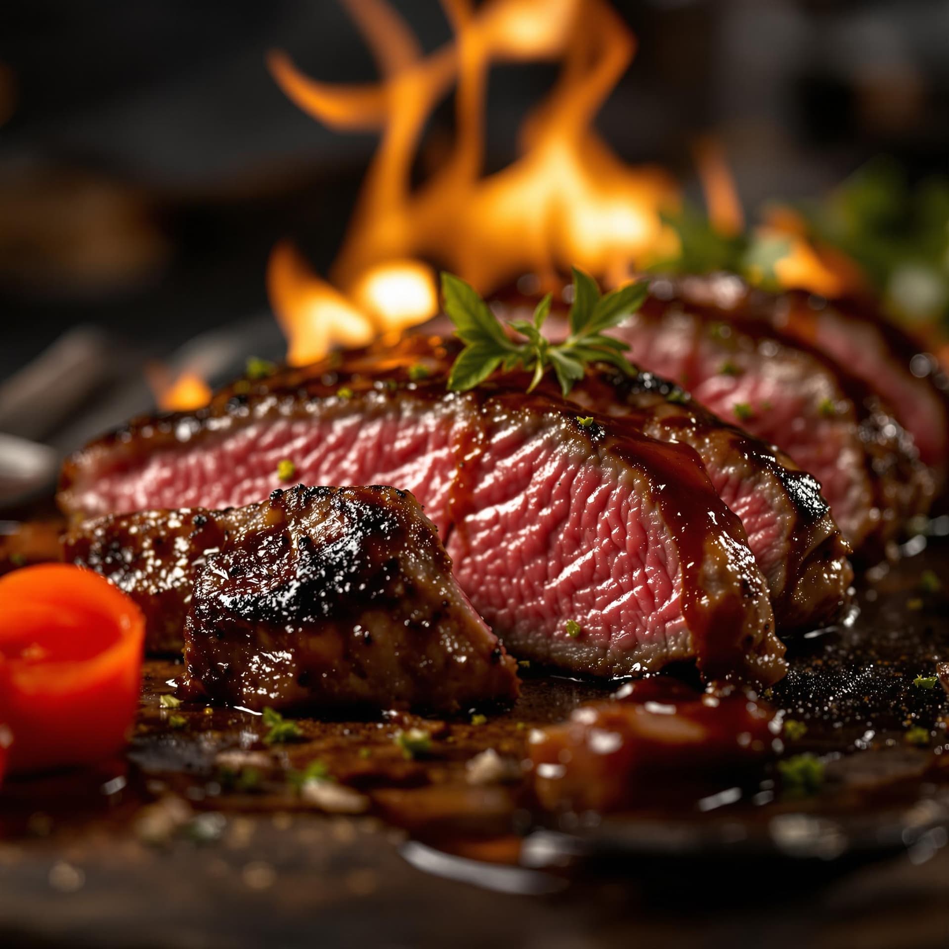 AI generated: Capture a close-up shot of a mouth-watering sliced beef medium rare barbeque , exuding tempting allu...