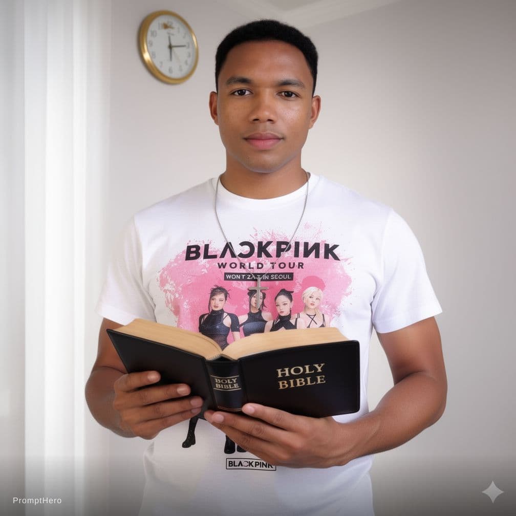 AI generated: Replace all the clothes of the person in the photo with the white BLACKPINK T-shirt from the referen...